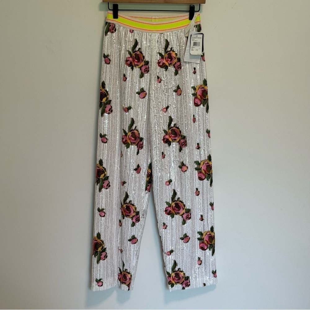 NWT Anna Sui‎ White Sequin Floral Embroidered Pull On Pants Size P